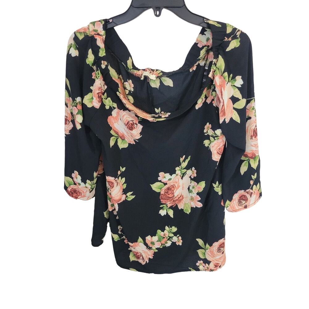 Oddy Oddi Black Floral Draped Neck Flared Sleeve Casual Top Size‎ Large